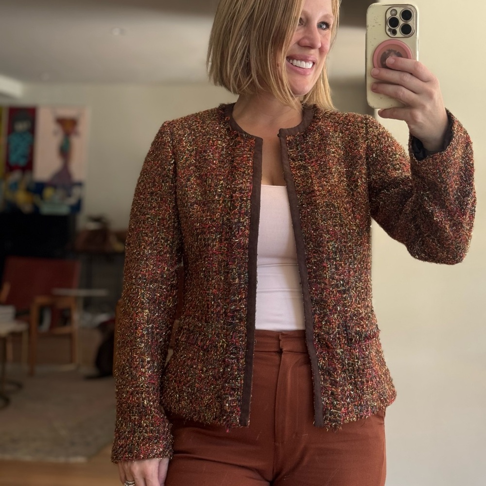 Chico’s Size 0 Small / 6 Women's Tweed Jacket Metallic Red Brown Beauty Blazer